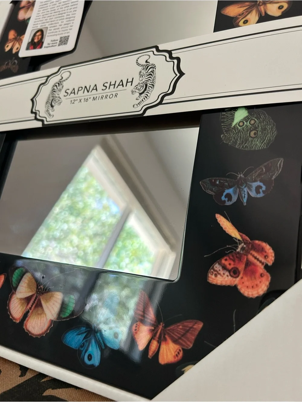 NEW Sapna Shah Black Colorful Butterfly Moth Accent Wall Mirror 12”x16”
